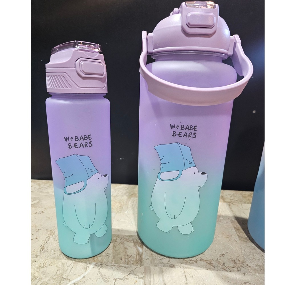 We Babe Bears Water Bottle Set Purple Blue Gradient Straw‎ Lid 2 L-900 ML
